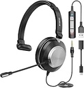 USB & 3.5mm Headset with Mic for Laptop PC,Wired On Ear Computer Headphones with Noise Cancelling Microphone,in-line Control for Office Work,Call Center,Video Meeting（Black）